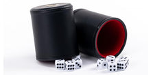 Load image into Gallery viewer, Professional Dice Cup Set β Five Red Felt-Lined Black Cups - Quality PU Leather - Includes 25 White Six-Sided Dot Die - Quiet Shaker for Yahtzee Bar Party Family Games
