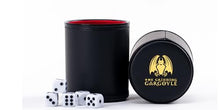 Load image into Gallery viewer, Professional Dice Cup Set β Five Red Felt-Lined Black Cups - Quality PU Leather - Includes 25 White Six-Sided Dot Die - Quiet Shaker for Yahtzee Bar Party Family Games