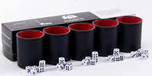 Load image into Gallery viewer, Professional Dice Cup Set β Five Red Felt-Lined Black Cups - Quality PU Leather - Includes 25 White Six-Sided Dot Die - Quiet Shaker for Yahtzee Bar Party Family Games