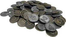 Load image into Gallery viewer, The Grinning Gargoyle DnD Metal Coins - Silver and Gold Coin Set - Fantasy Elementals 100 Coins for Board Games, Tokens, Cosplay - Realistic Fake Money Props Treasure with Coin Pouch (100 x 22mm)