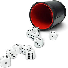 Load image into Gallery viewer, Professional Dice Cup Set β Five Red Felt-Lined Black Cups - Quality PU Leather - Includes 25 White Six-Sided Dot Die - Quiet Shaker for Yahtzee Bar Party Family Games