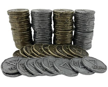 Load image into Gallery viewer, The Grinning Gargoyle DnD Metal Coins - Silver and Gold Coin Set - Fantasy Elementals 100 Coins for Board Games, Tokens, Cosplay - Realistic Fake Money Props Treasure with Coin Pouch (100 x 22mm)