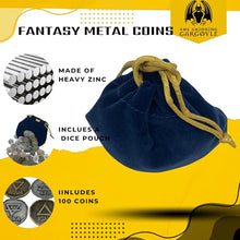 Load image into Gallery viewer, The Grinning Gargoyle DnD Metal Coins - Silver and Gold Coin Set - Fantasy Elementals 100 Coins for Board Games, Tokens, Cosplay - Realistic Fake Money Props Treasure with Coin Pouch (100 x 22mm)