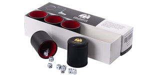 Professional Dice Cup Set – Five Red Felt-Lined Black Cups - Quality PU Leather - Includes 25 White Six-Sided Dot Die - Quiet Shaker for Yahtzee Bar Party Family Games