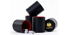 Professional Dice Cup Set – Five Red Felt-Lined Black Cups - Quality PU Leather - Includes 25 White Six-Sided Dot Die - Quiet Shaker for Yahtzee Bar Party Family Games