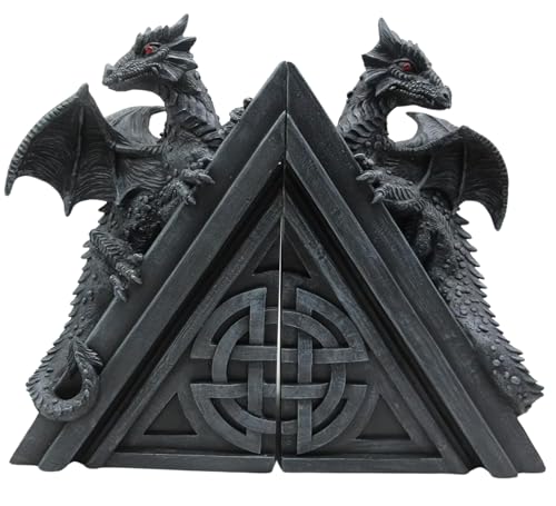 40cm Dragon Book Ends - Grey Resin Gothic Statue Shelf Decor