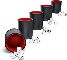 Load image into Gallery viewer, Professional Dice Cup Set – Five Red Felt-Lined Black Cups - Quality PU Leather - Includes 25 White Six-Sided Dot Die - Quiet Shaker for Yahtzee Bar Party Family Games
