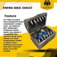 Load image into Gallery viewer, Grinning Gargoyle Dice Box - Wood and Metal Effect Mimic Chest - Container Holds up to 6 Sets of Polyhedral Die – DnD Poly Dice Storage Case - DnD RPG Crate Accessory Gift
