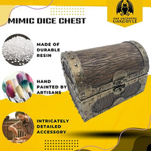 Load image into Gallery viewer, Grinning Gargoyle Dice Box - Wood and Metal Effect Mimic Chest - Container Holds up to 6 Sets of Polyhedral Die – DnD Poly Dice Storage Case - DnD RPG Crate Accessory Gift
